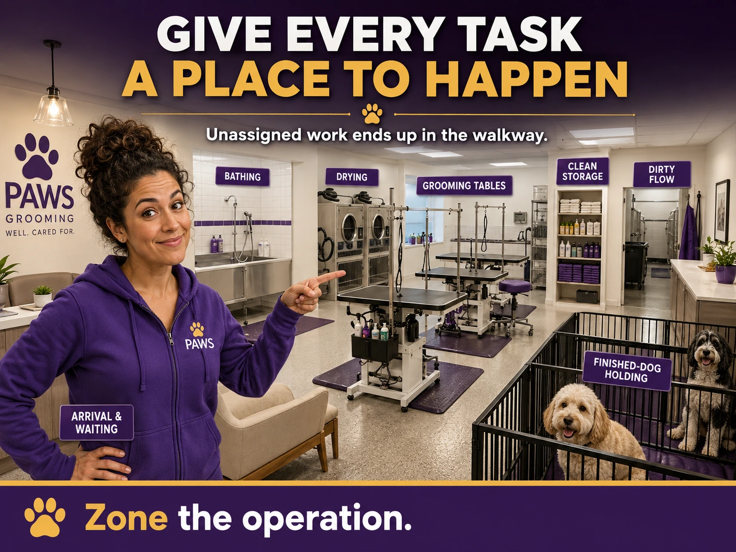 PAWS Lady points to a zoned grooming salon layout labeled for bathing, drying, grooming tables, clean storage, dirty flow, and finished-dog holding.