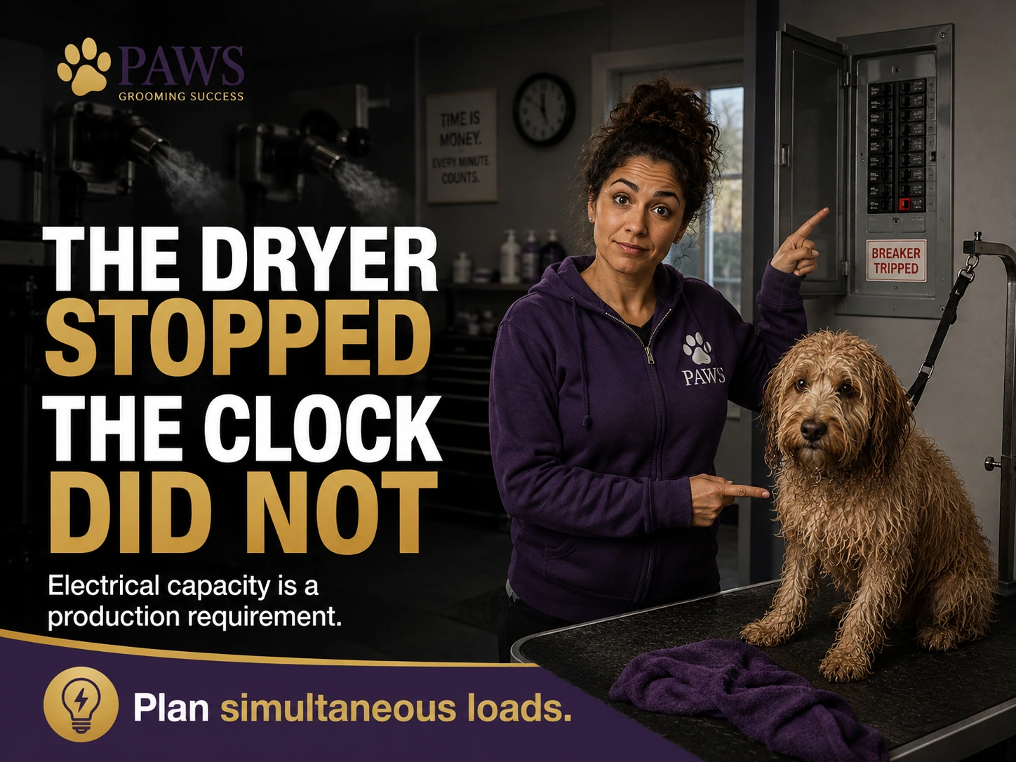 PAWS Lady points to a tripped breaker beside a wet dog on the grooming table, showing how poor electrical planning disrupts production.