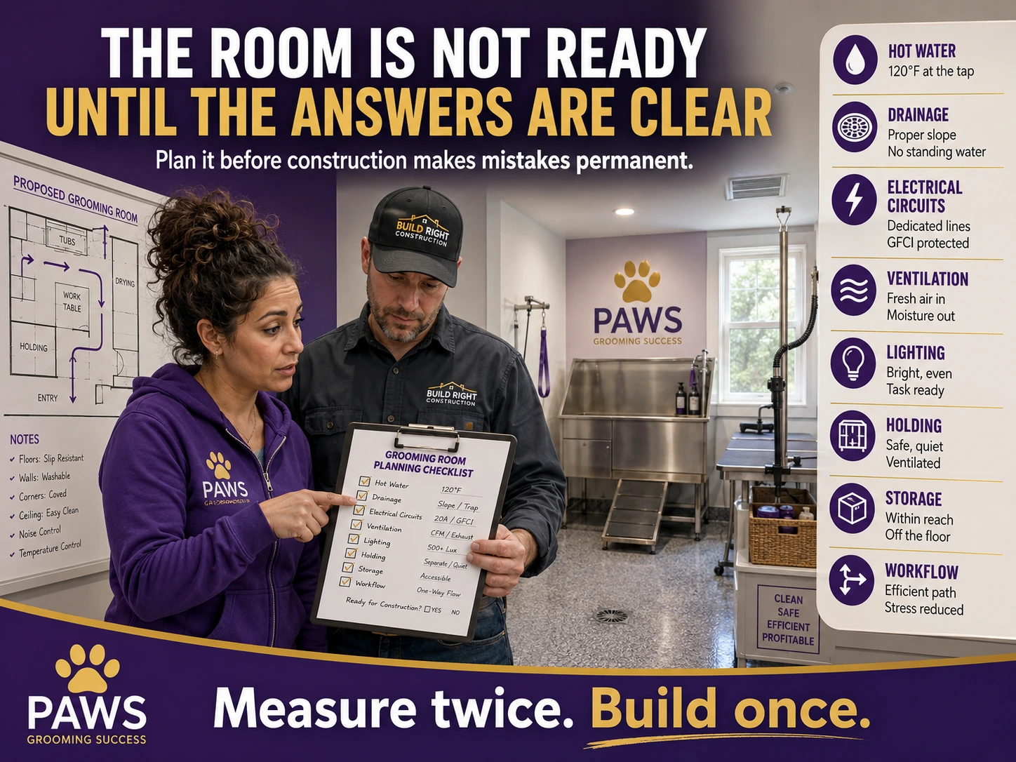 PAWS Lady reviews a grooming room planning checklist with a contractor while a side panel lists utilities, lighting, holding, storage, and workflow requirements.