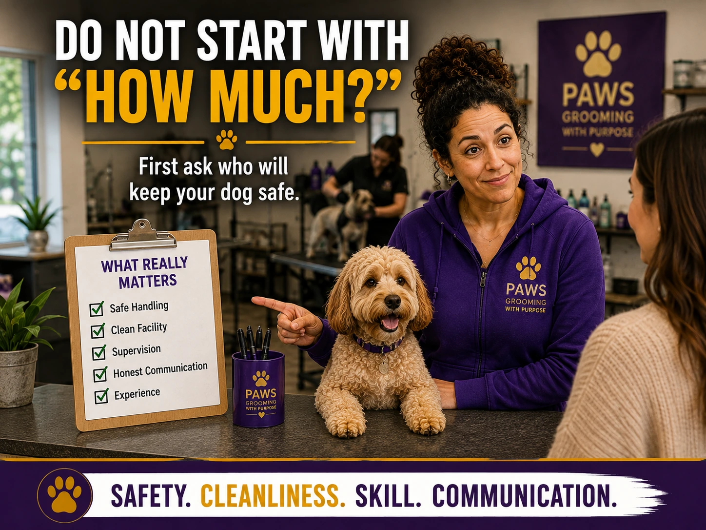 Customer comparing grooming prices on her phone while the PAWS grooming advisor points to a checklist covering safe handling, cleanliness, supervision, honest communication, and experience.