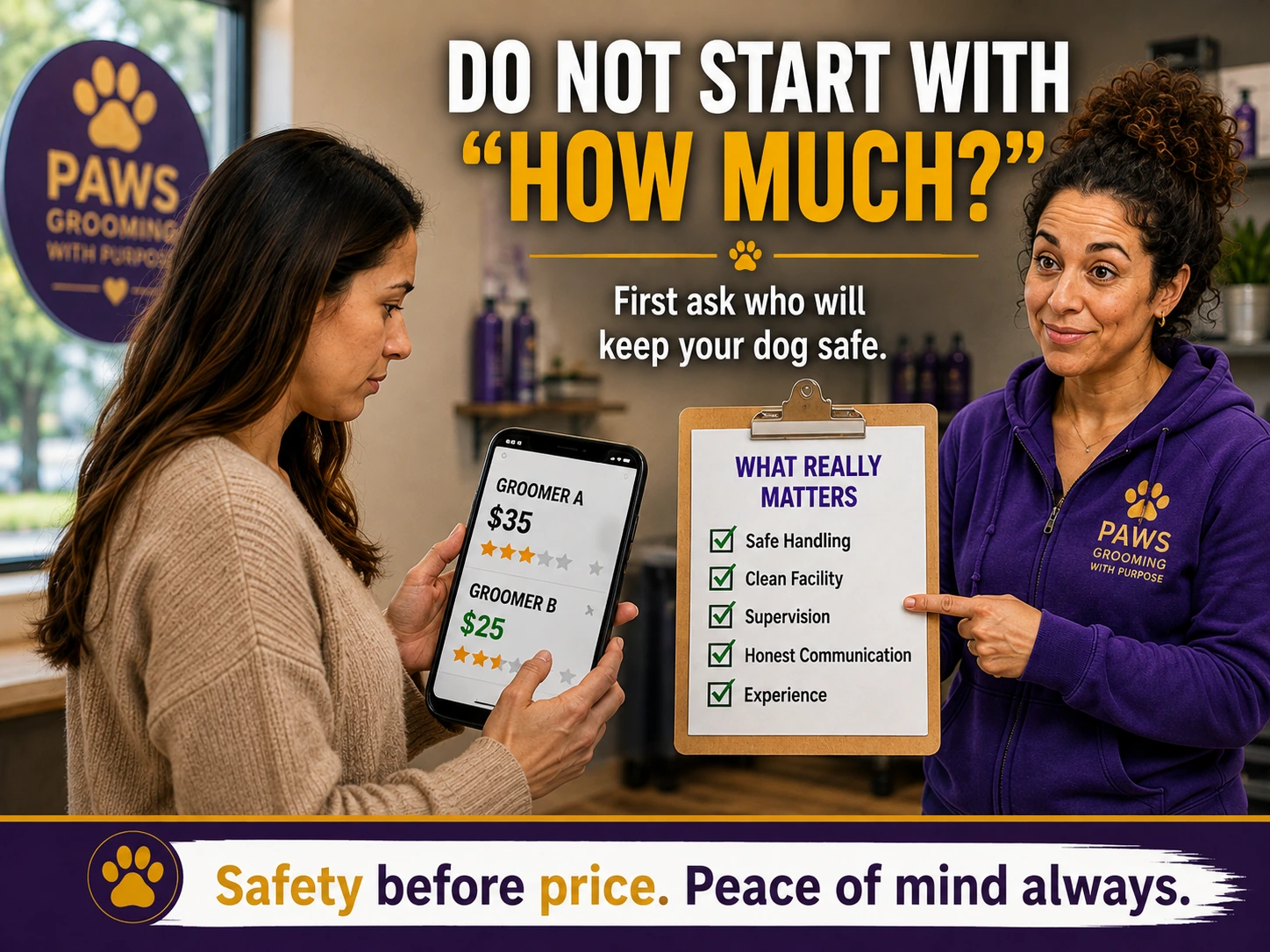 Customer comparing two groomer prices on a phone while a PAWS staff member presents a “What Really Matters” checklist and reminds her to ask who will keep her dog safe.