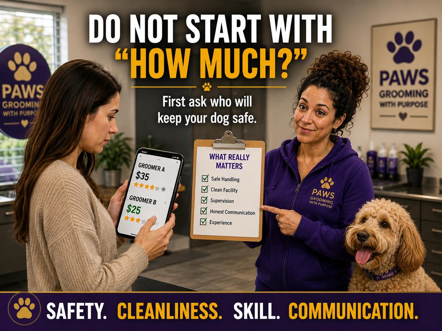 Customer reviewing groomer prices while the PAWS grooming advisor highlights a checklist of the core qualities to look for: safety, cleanliness, skill, and communication.