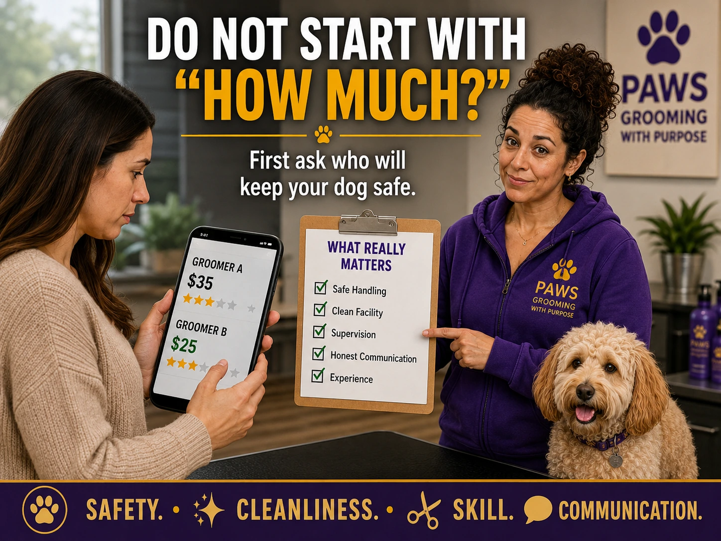 PAWS grooming professional speaking with a customer at the counter while a dog sits between them and a clipboard lists the qualities that matter most in a groomer.