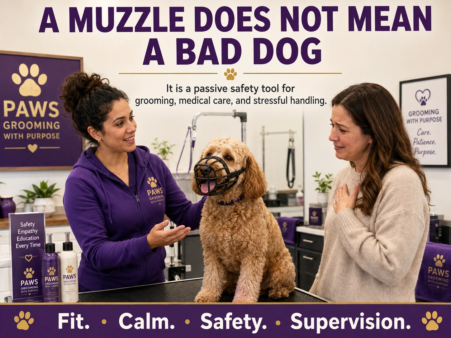 PAWS groomer reassures a concerned owner beside a calm doodle wearing a properly fitted black basket muzzle on a grooming table.