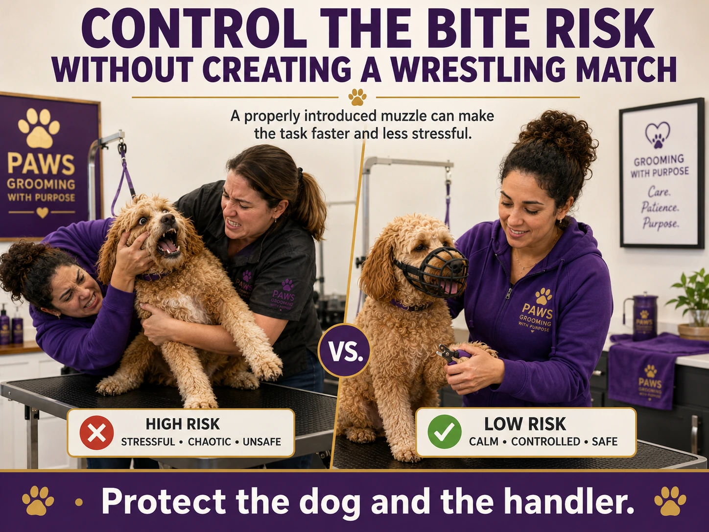 Split comparison of staff struggling to restrain a frightened dog for nail trimming versus one groomer calmly trimming the nails of a muzzled dog.