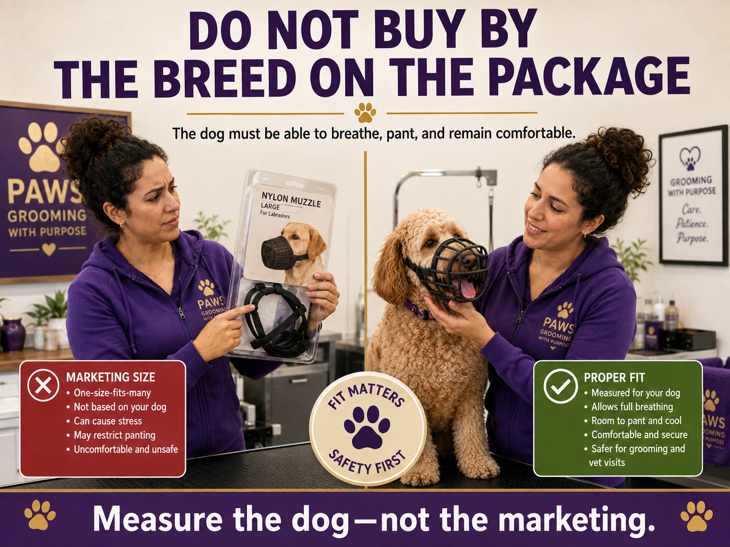 PAWS groomer compares a packaged breed-sized nylon muzzle with a basket muzzle fitted directly to an individual doodle.