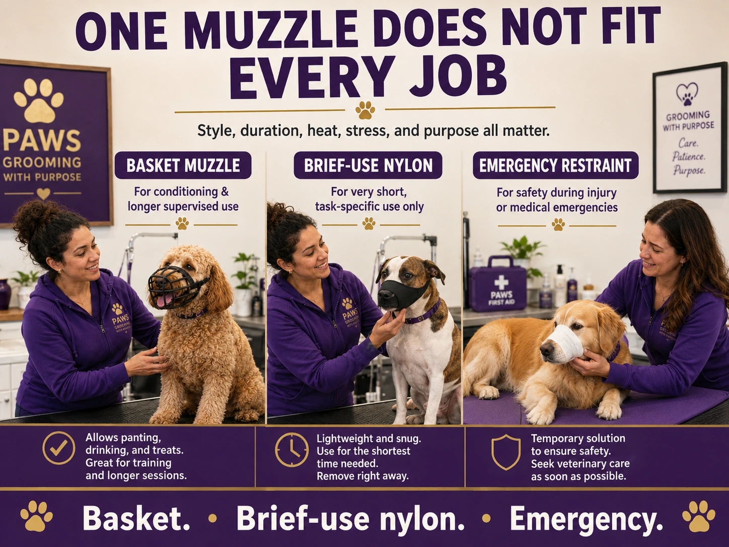 Three-panel PAWS graphic comparing a basket muzzle, a brief-use nylon muzzle, and a temporary emergency restraint for different situations.