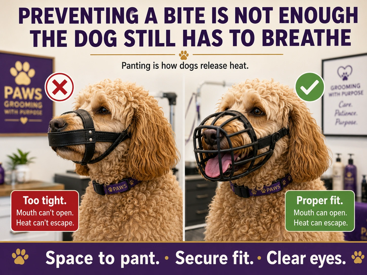 Side-by-side close-up of a doodle in a muzzle that holds the mouth closed versus a basket muzzle that allows the dog to open its mouth and pant.