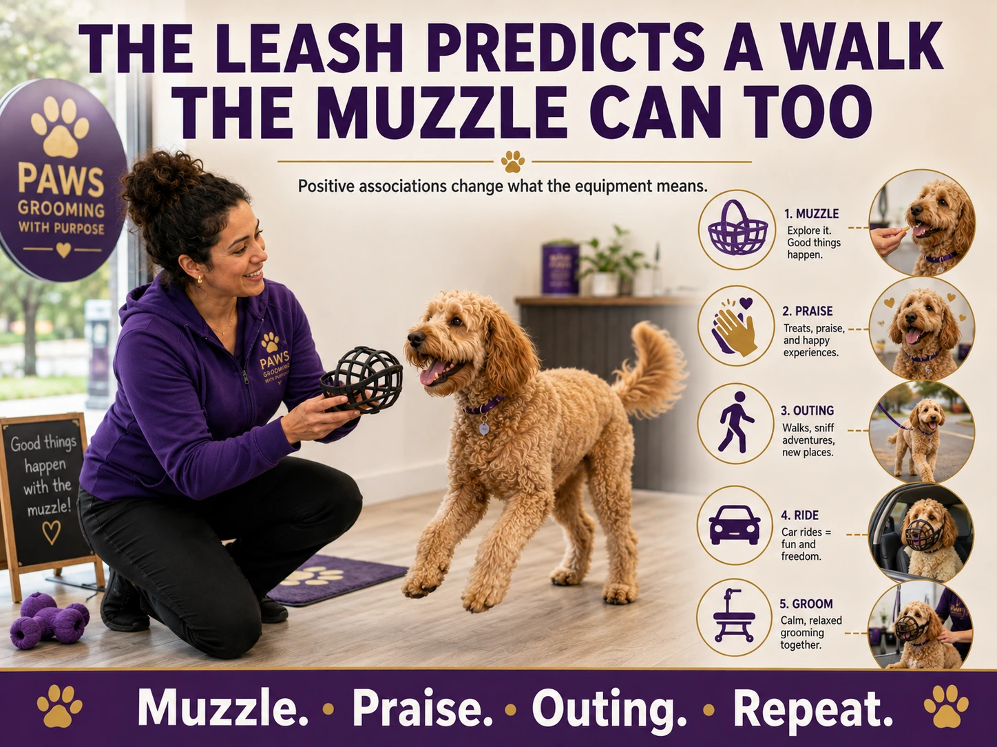 PAWS groomer introduces a basket muzzle to a happy doodle while a visual sequence connects the muzzle with praise, walks, car rides, and calm grooming.