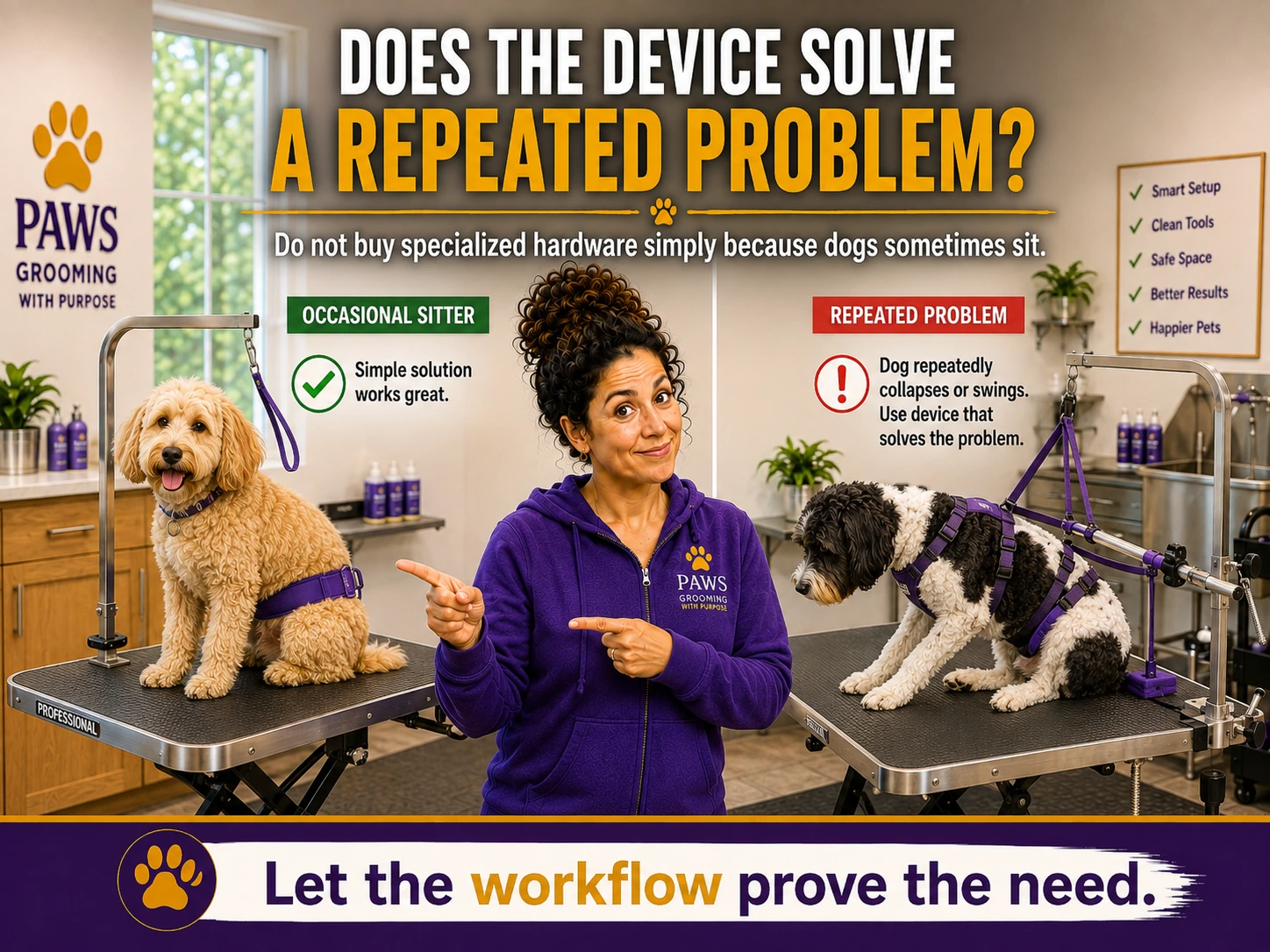 Comparison graphic showing a simple setup for an occasional sitter versus a specialized no-sit device for a dog with a repeated sitting or collapsing problem.
