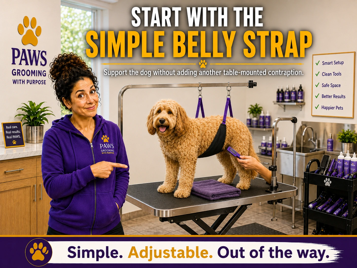 PAWS Grooming graphic showing a dog supported by a simple adjustable belly strap as a cleaner first option before adding more table-mounted hardware.