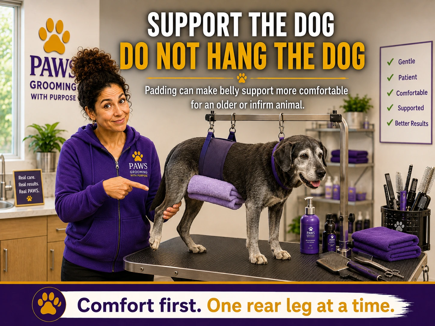 PAWS Grooming graphic showing an older gray dog supported by a padded belly sling on a grooming arm while a staff member demonstrates comfort-focused support.