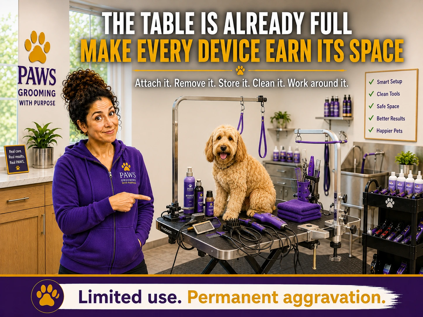 PAWS Grooming graphic showing a crowded grooming table to illustrate that every table-mounted device must justify its space, cleaning burden, and interference with workflow.
