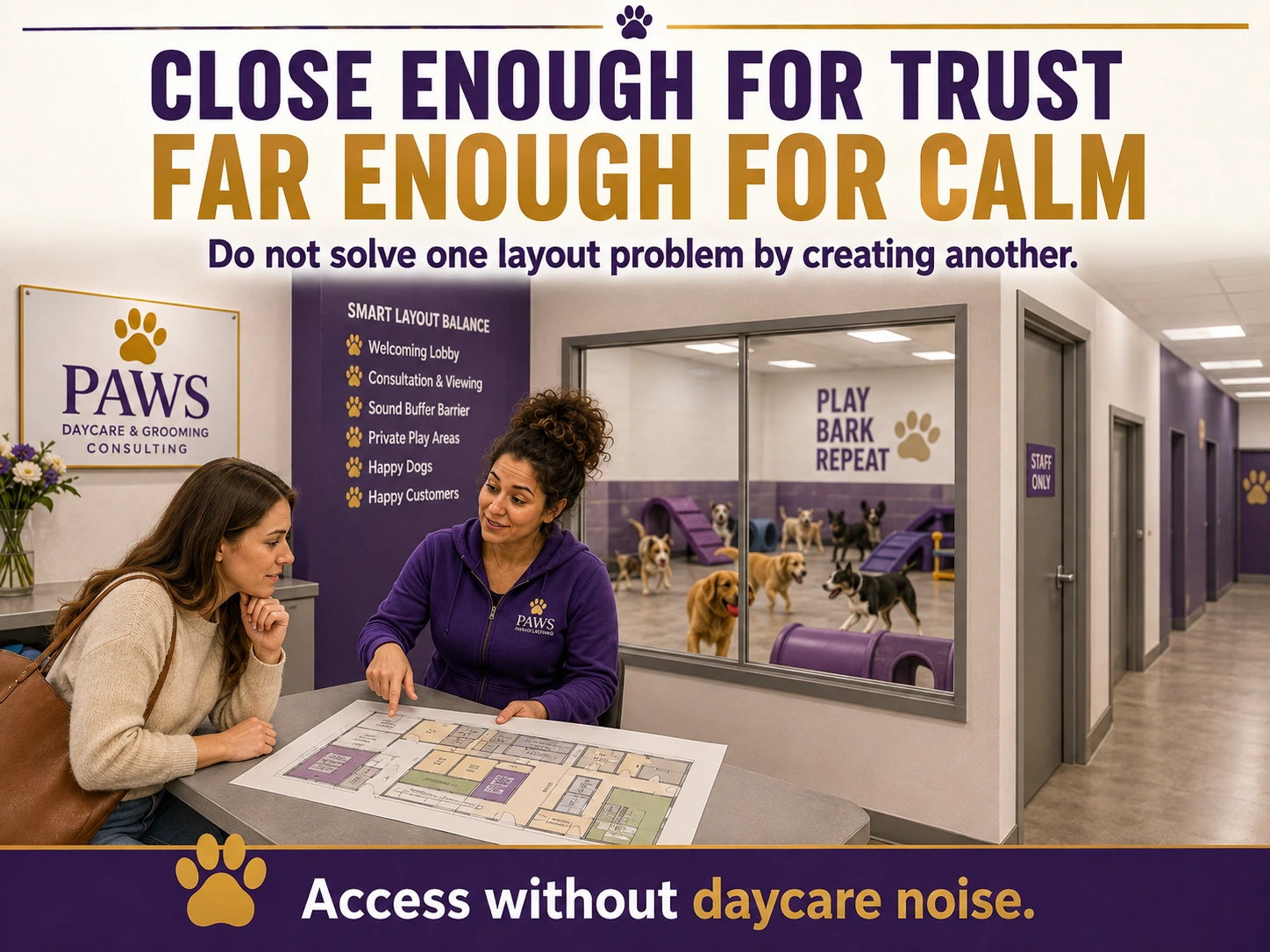 The PAWS Lady reviews a floor plan with a customer, showing a layout that allows customer access without exposing grooming to daycare noise.