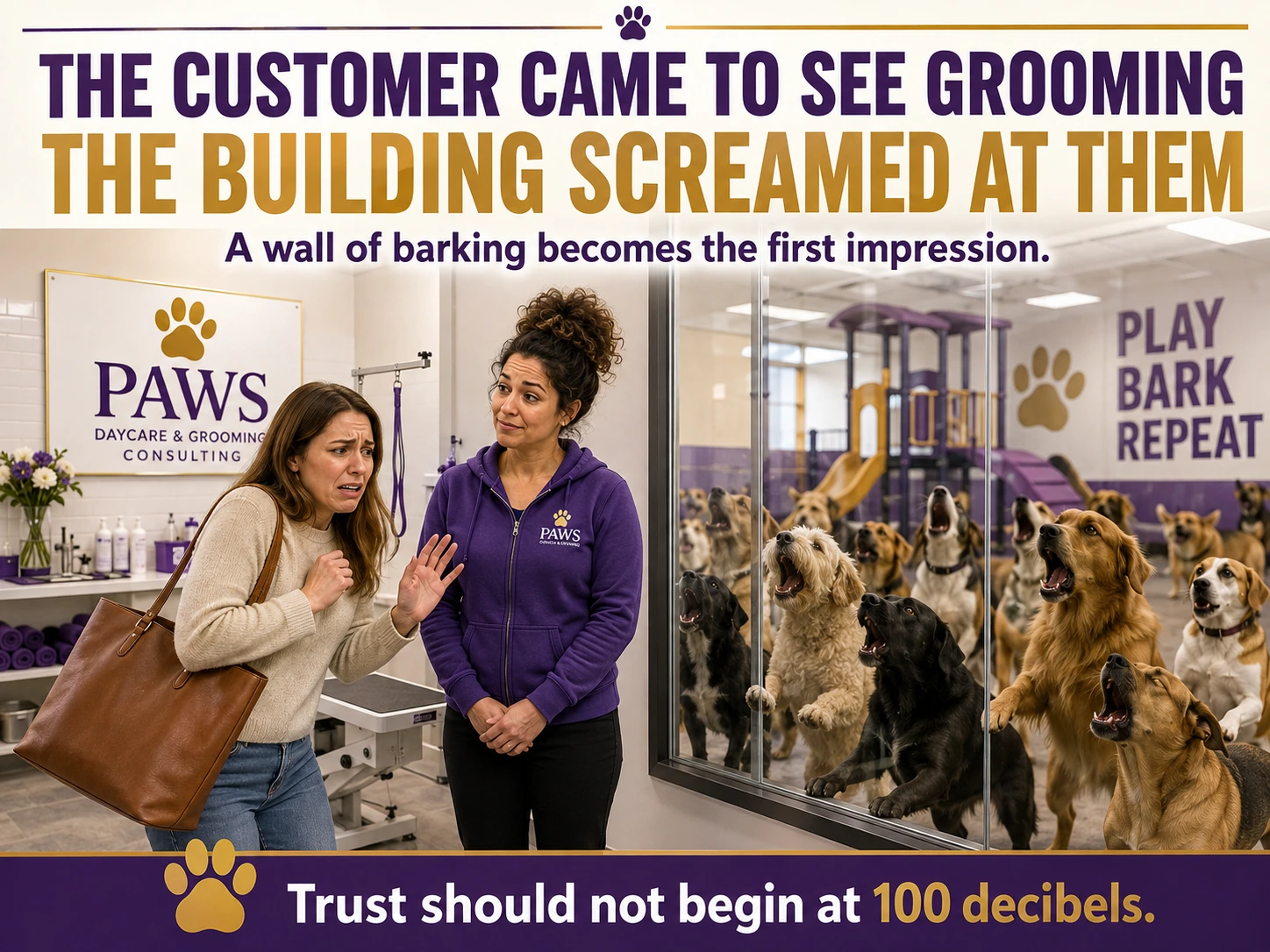 A nervous customer recoils in a grooming room while barking daycare dogs crowd the glass wall and the PAWS Lady stands nearby.
