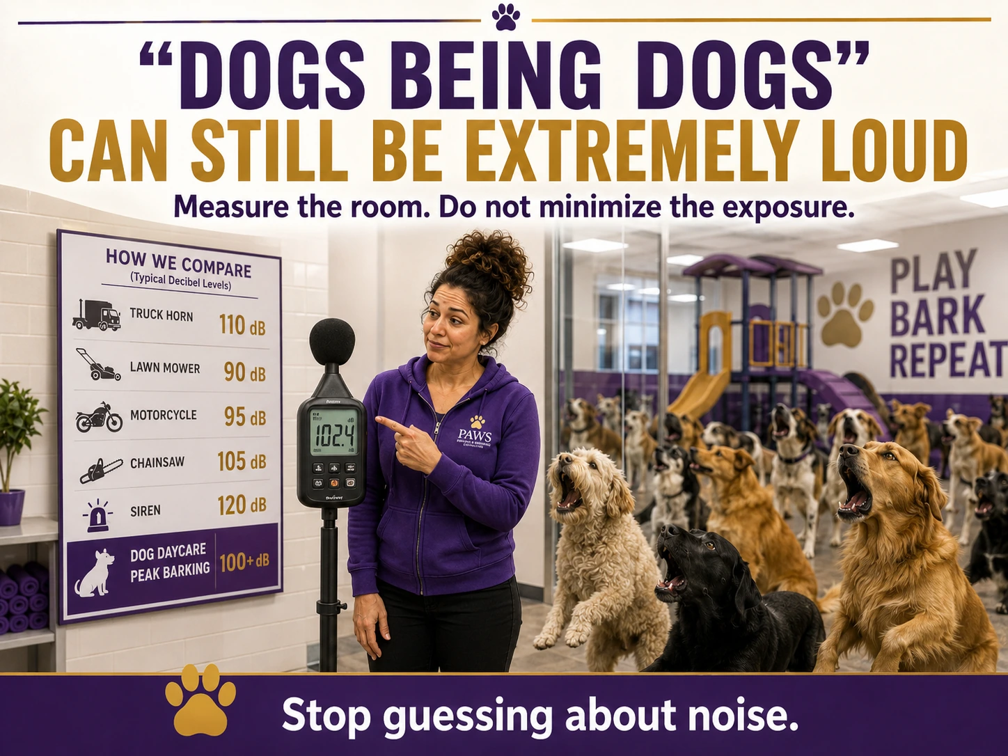 The PAWS Lady points to a sound meter in front of barking daycare dogs while a comparison chart shows how loud the room can be.