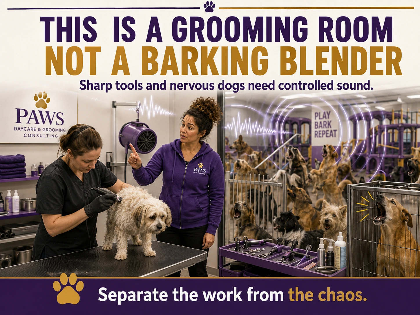 A groomer works on a dog at a grooming table while barking from the adjacent daycare playroom visually floods the room with noise.