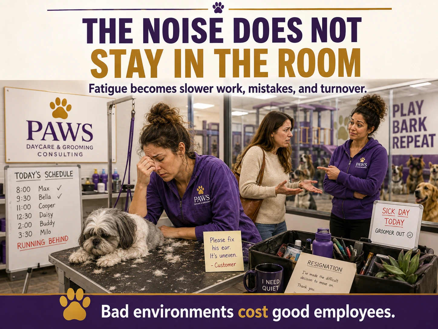 A fatigued groomer leans over a dog at the table while signs of delay, mistakes, complaints, and turnover surround the room.