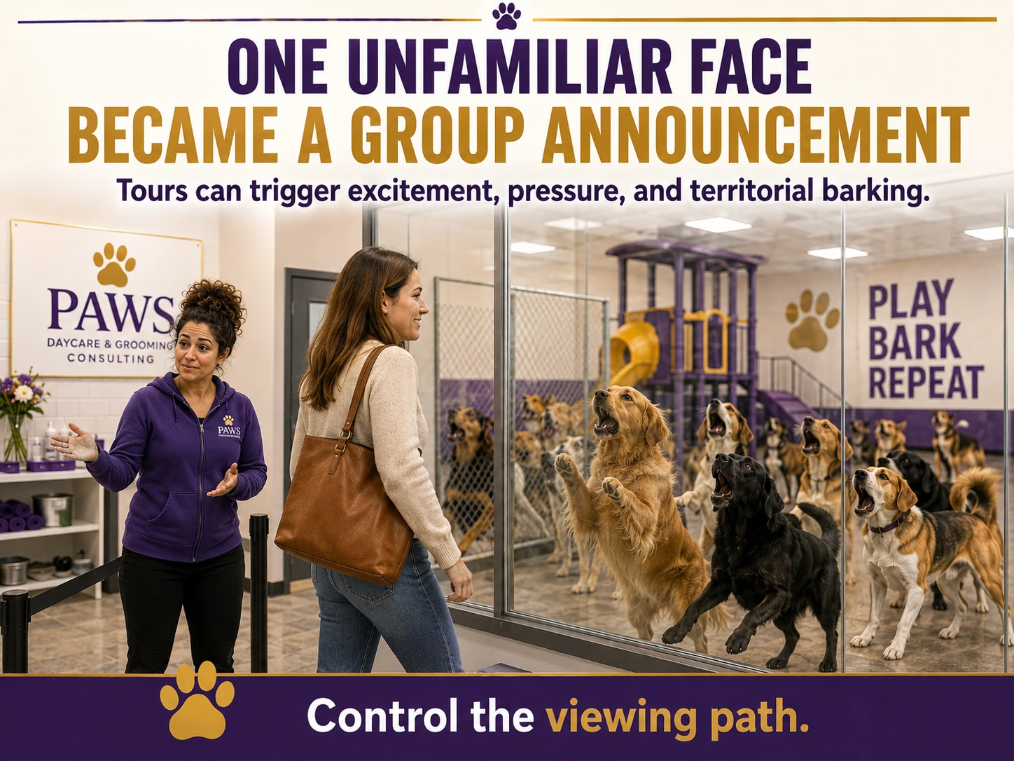 A customer walks beside daycare glass while a whole group of dogs rushes the window barking as the PAWS Lady gestures nearby.