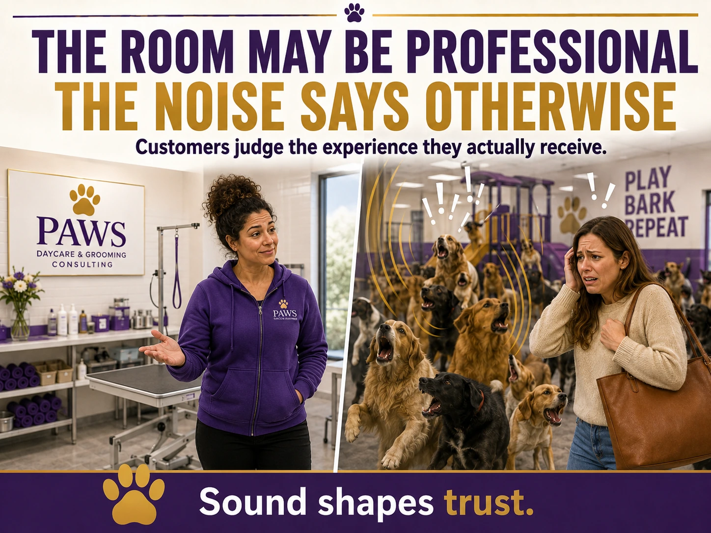 A split-style scene shows a clean professional grooming room on one side and a stressed customer reacting to barking dogs on the other.