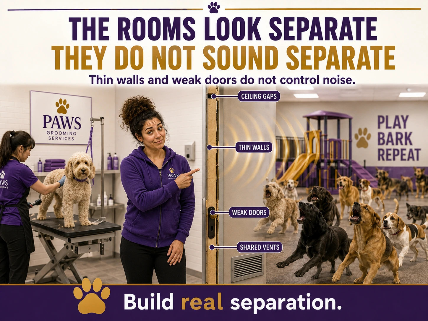 The PAWS Lady points to a cutaway wall between grooming and daycare labeled with thin walls, ceiling gaps, weak doors, and shared vents.