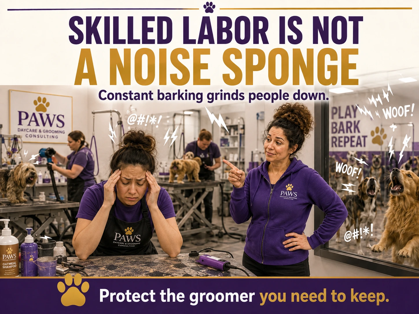 An exhausted groomer rubs her temples while barking dogs and work noise surround the salon, as the PAWS Lady points out the problem.