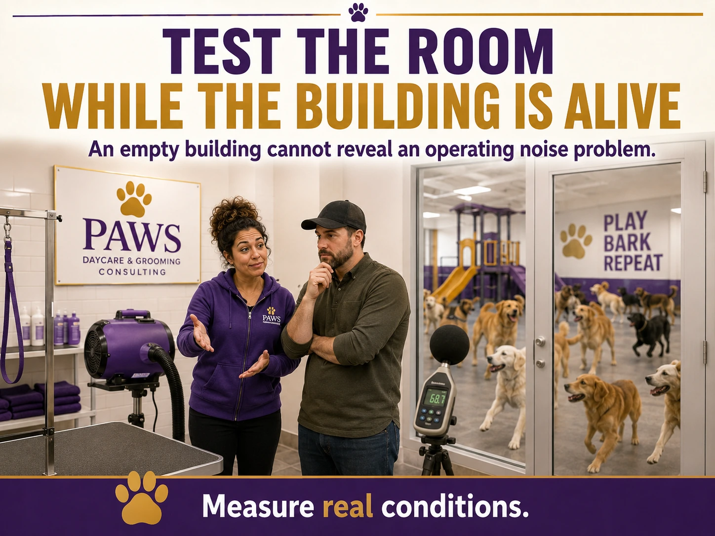 The PAWS Lady and a facility owner stand in the grooming room beside a sound meter while daycare dogs are active behind glass.
