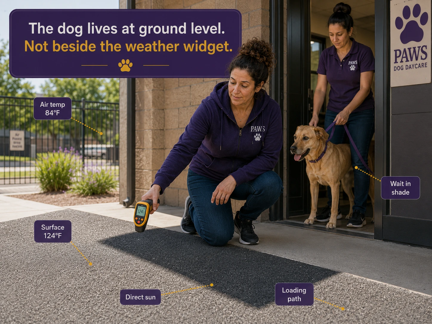 PAWS staff member kneels at a daycare doorway and uses an infrared thermometer to compare hot ground temperature with outside air temperature while another staff member waits with a dog in the shade.