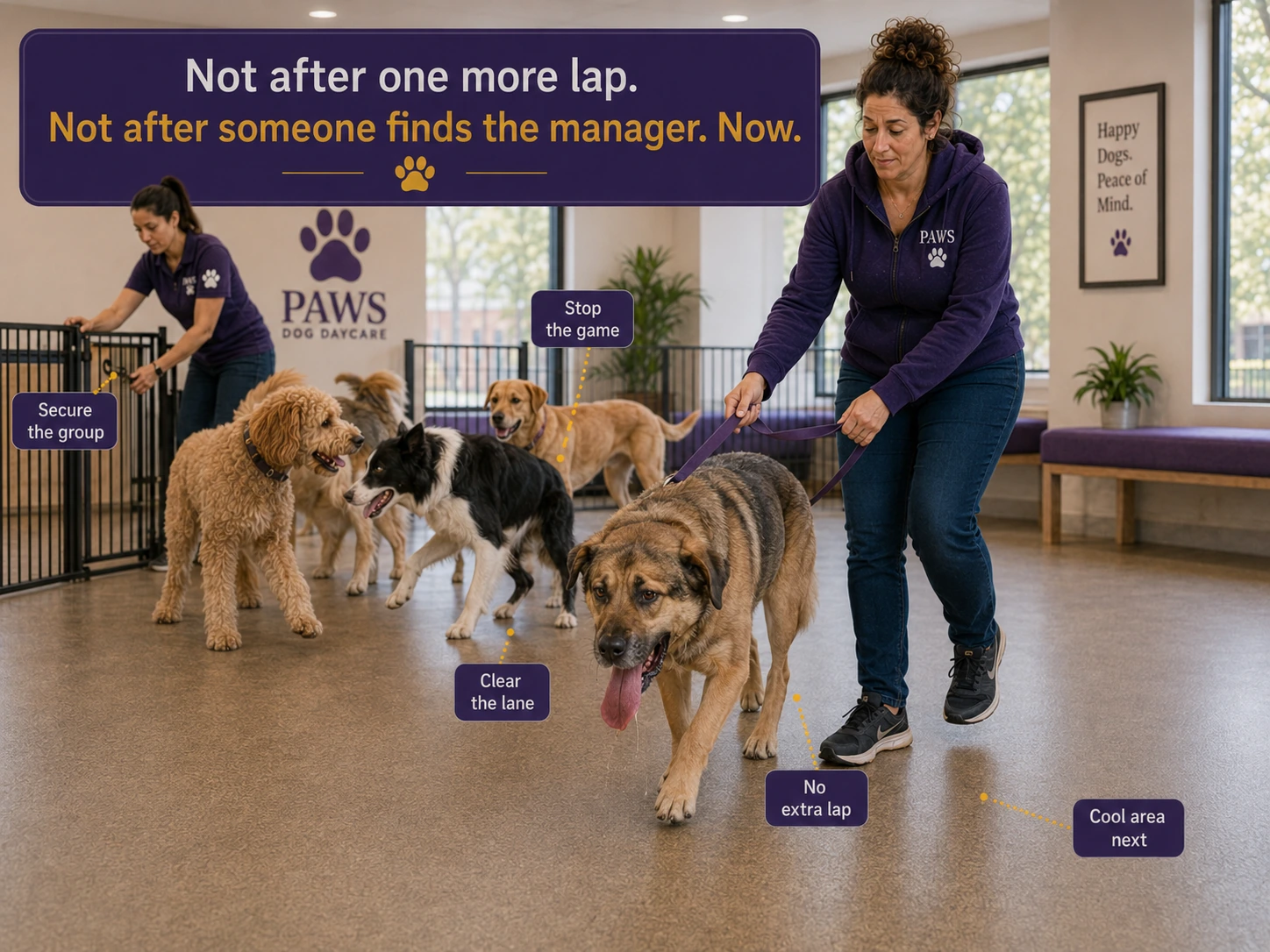Inside PAWS Dog Daycare, one staff member leads an overheating dog out of group play while another secures the rest of the dogs behind a gate; callouts note to stop the game, clear the lane, and move to a cool area.