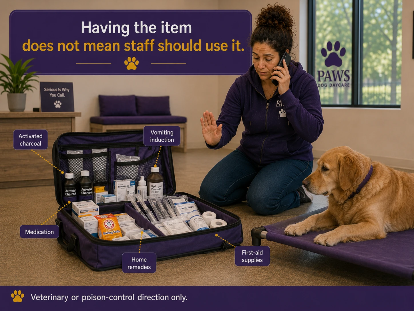 PAWS daycare poisoning response team performs assigned roles including poison-control caller, recorder, evidence collector, room control, dog handler, and transport preparation.