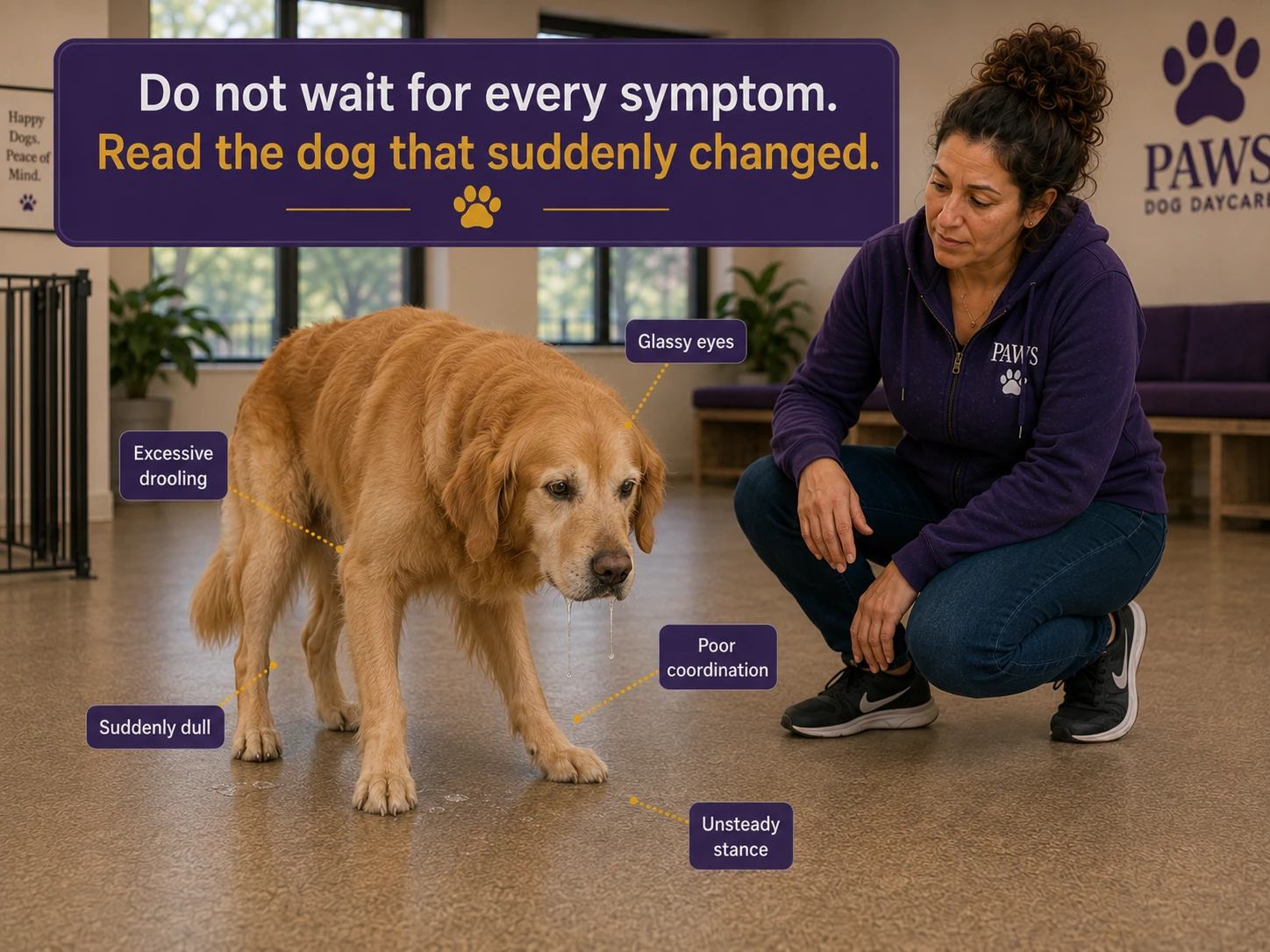 PAWS Lady calls for professional guidance beside an open emergency kit labeled with activated charcoal, medication, home remedies, vomiting induction, and first-aid supplies.