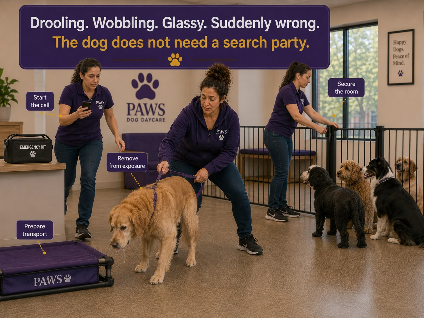 PAWS daycare staff photograph a cleaner label and record the product name, active ingredients, concentration, and package size while calling for poisoning guidance.