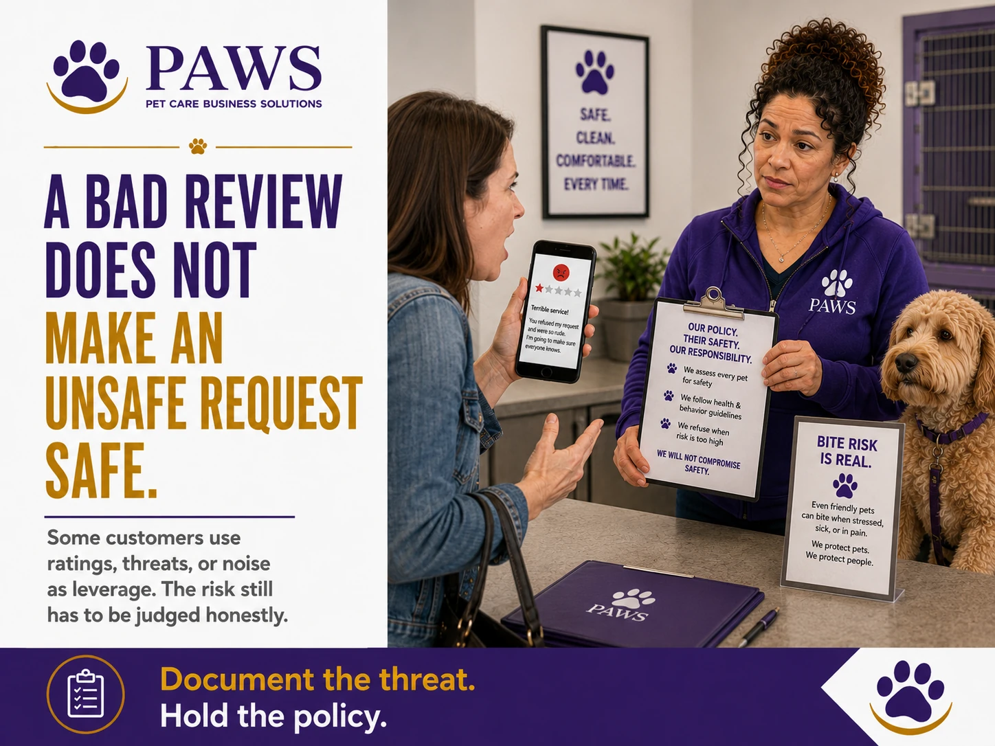 Customer shows an angry phone review while PAWS staff member holds a safety policy clipboard beside a doodle.