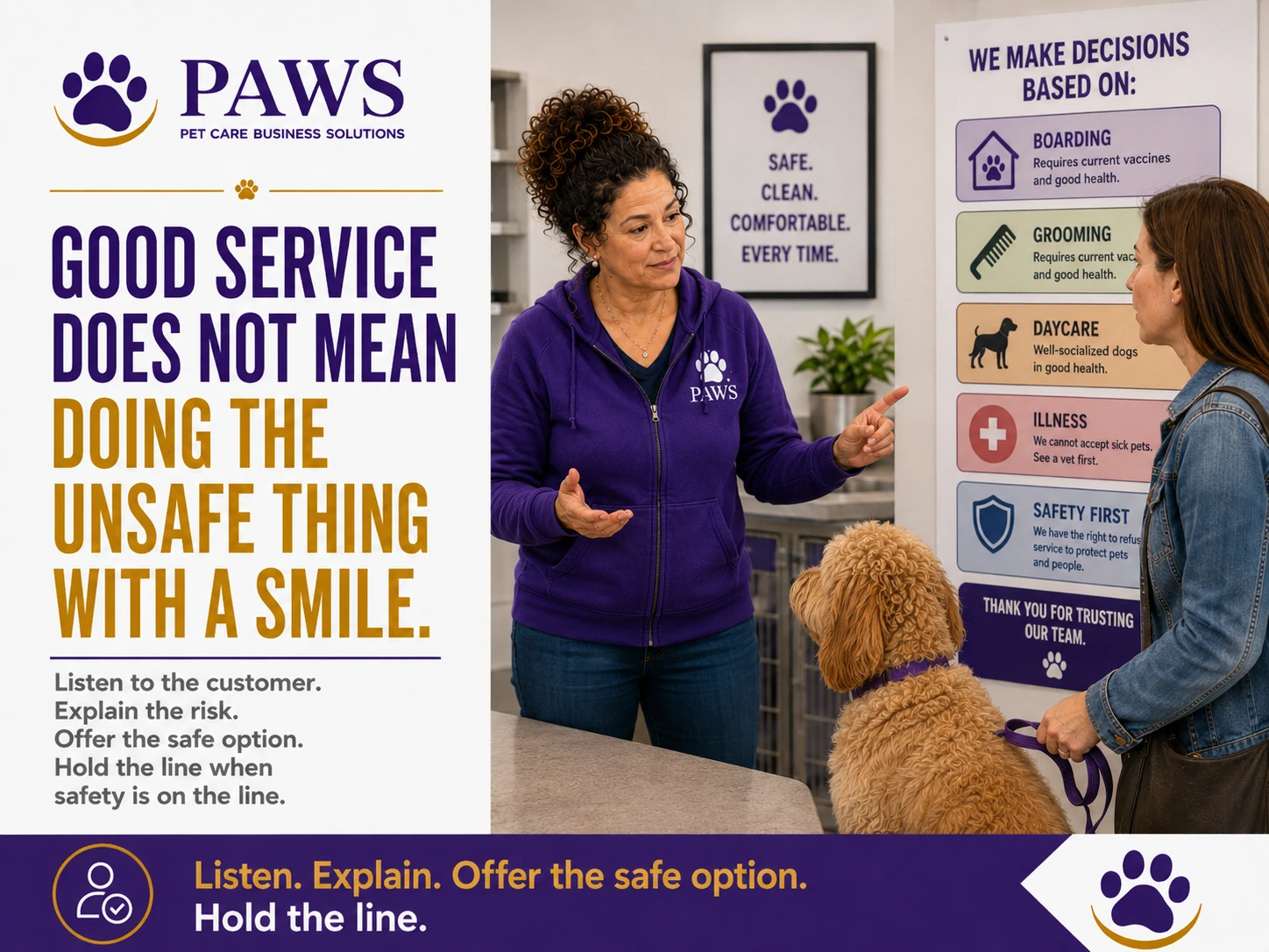 PAWS staff member explains service limits to a customer standing beside a doodle and a large decision board.