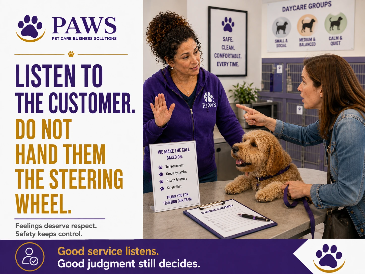 PAWS staff member raises a calm hand while a customer points across the counter beside a doodle and a sign about decision criteria.