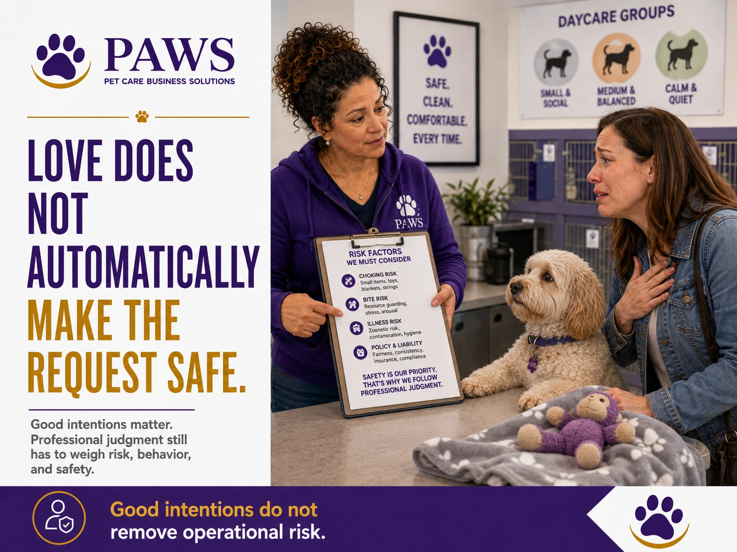 Emotional customer speaks with PAWS staff member while a small dog stands on the counter near a blanket, toy, and a board listing risk factors.