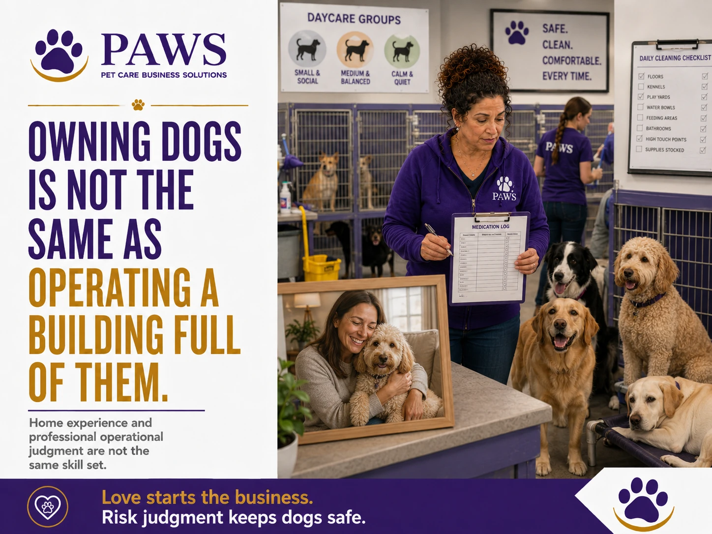 PAWS staff member holds a medication log in a busy dog daycare room with multiple dogs and a framed owner-and-pet photo.