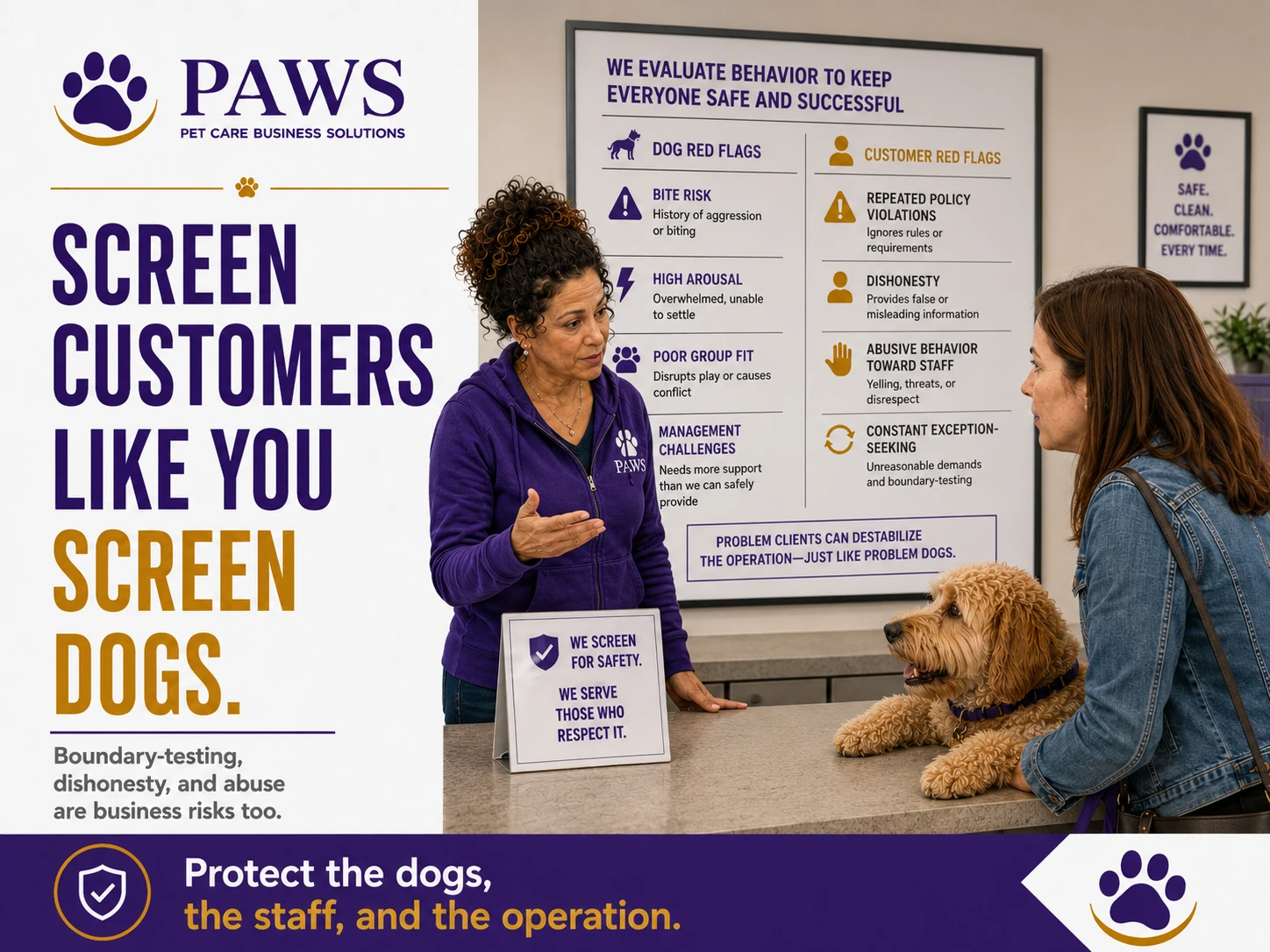 PAWS staff member speaks to a customer beneath a large board comparing dog red flags and customer red flags.