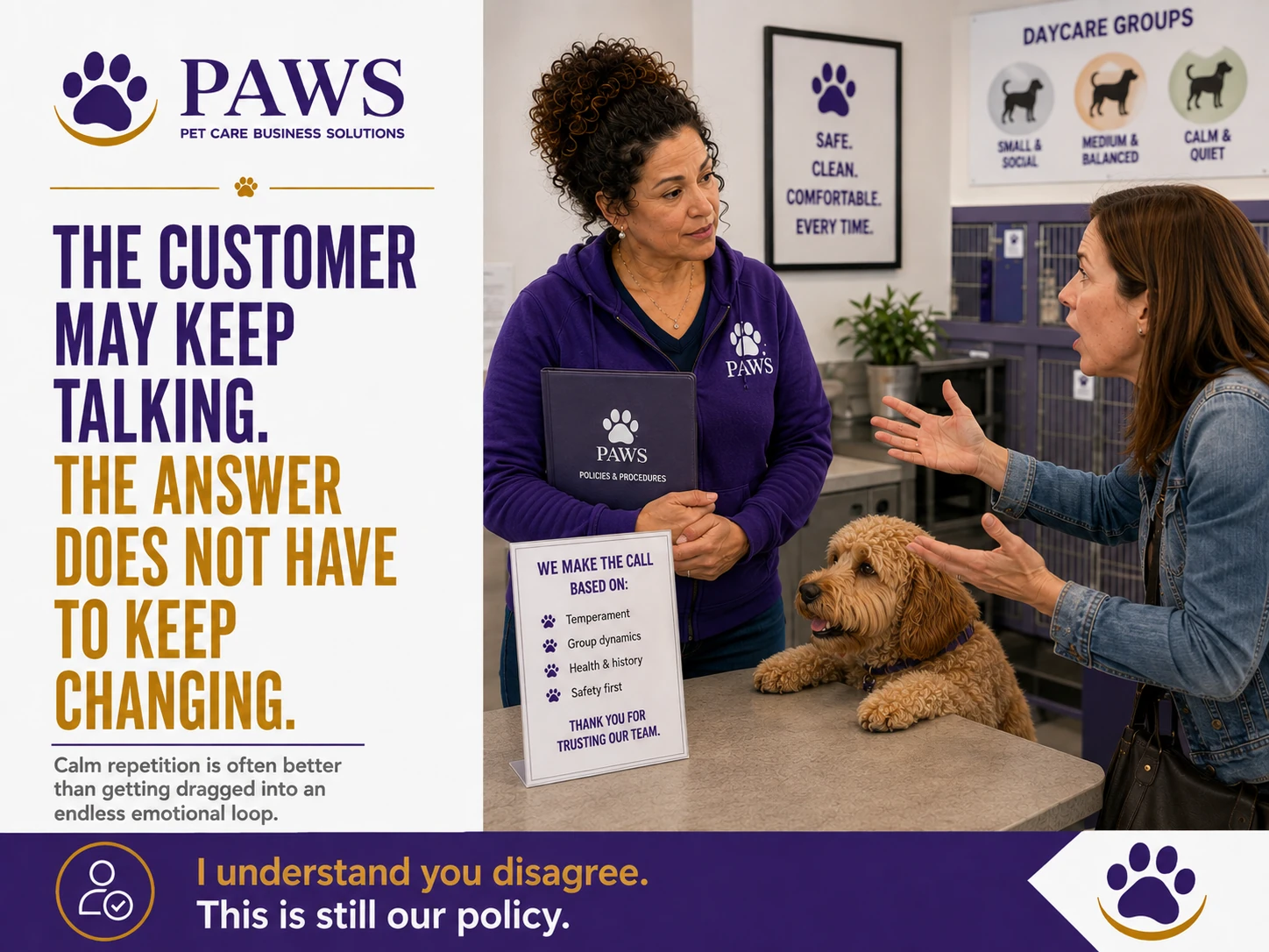 PAWS staff member stands calmly with a policies and procedures binder while a customer continues arguing across the counter.