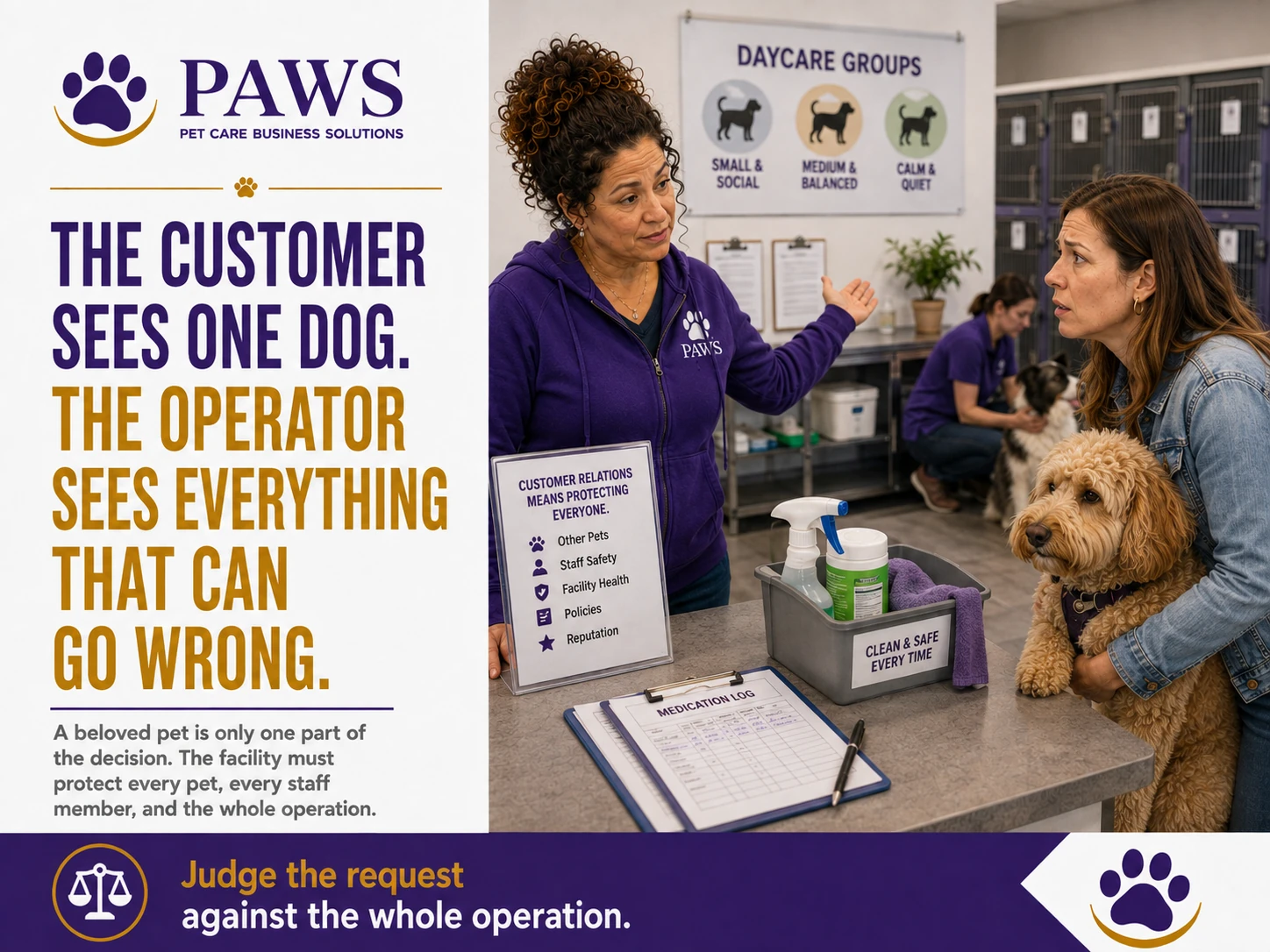 PAWS staff member gestures toward the facility while a customer holds her dog at the counter near cleaning supplies and a medication log.