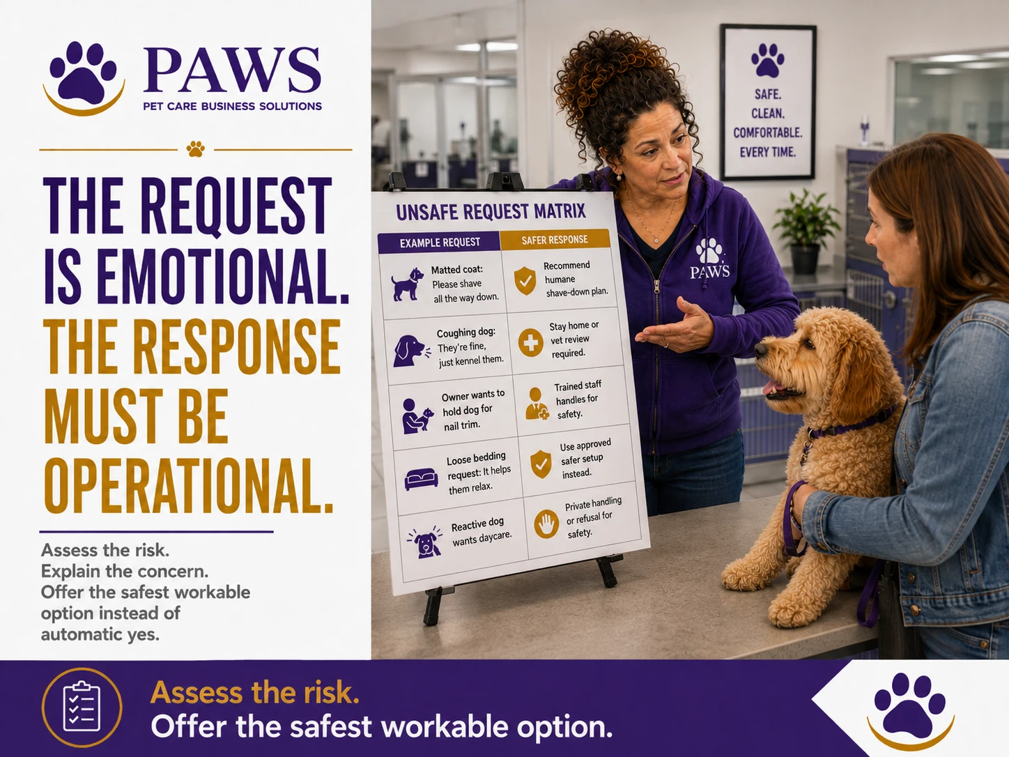 PAWS staff member explains an unsafe request matrix to a dog owner while holding a doodle at the front counter.
