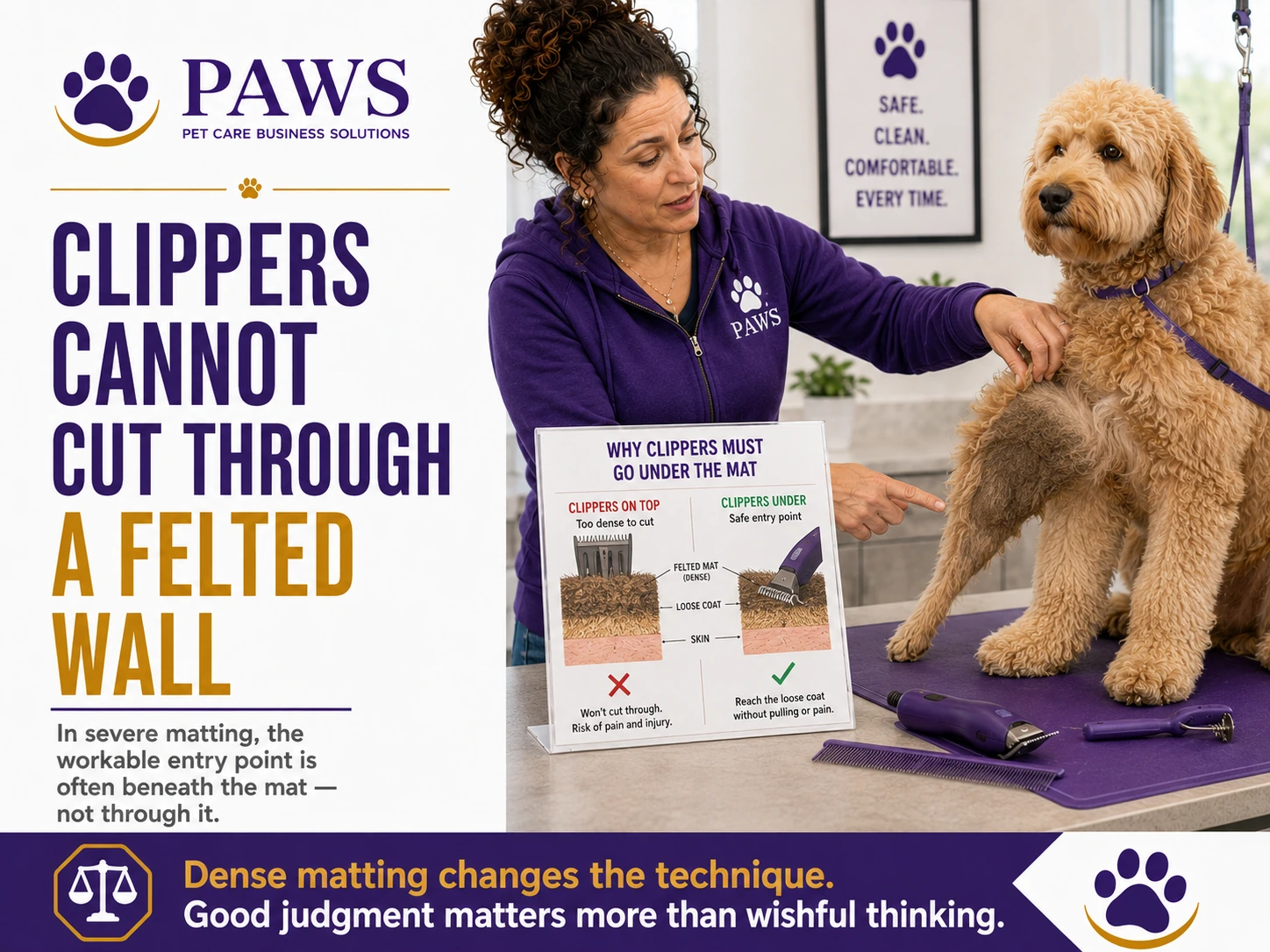 PAWS business graphic showing the PAWS Lady explaining that clippers must go under a heavily matted doodle coat rather than trying to cut down through the felted top layer.