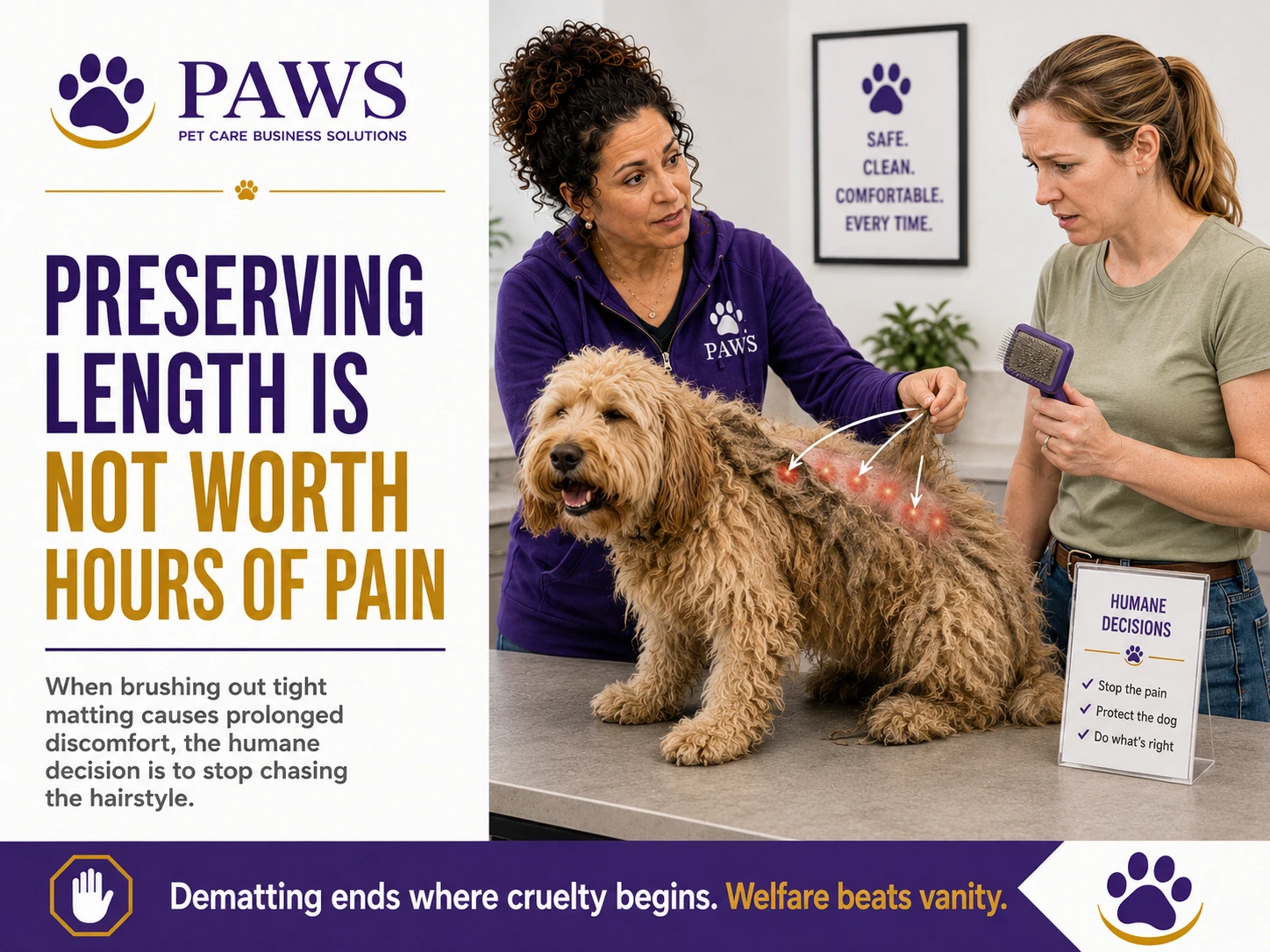 PAWS business graphic showing the PAWS Lady explaining to a worried pet owner that prolonged de-matting causes pain and that humane grooming decisions must put welfare ahead of preserving coat length.