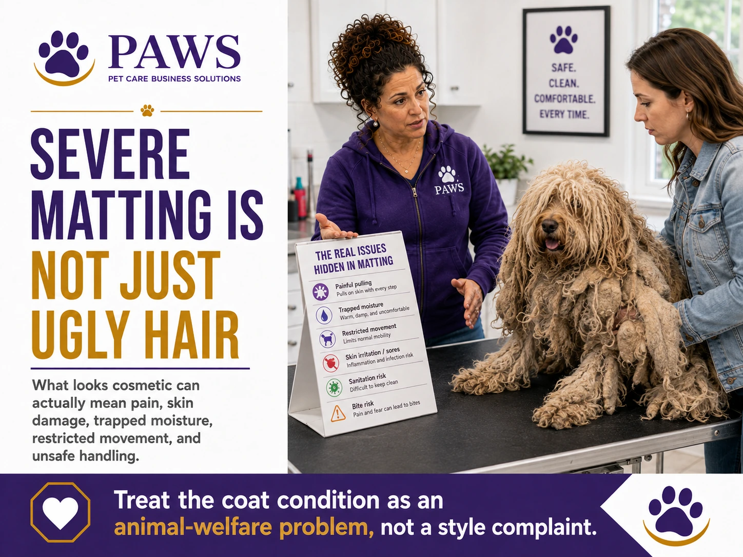 PAWS business graphic showing the PAWS Lady explaining to an owner that severe matting causes painful pulling, trapped moisture, restricted movement, skin irritation, sanitation problems, and bite risk.
