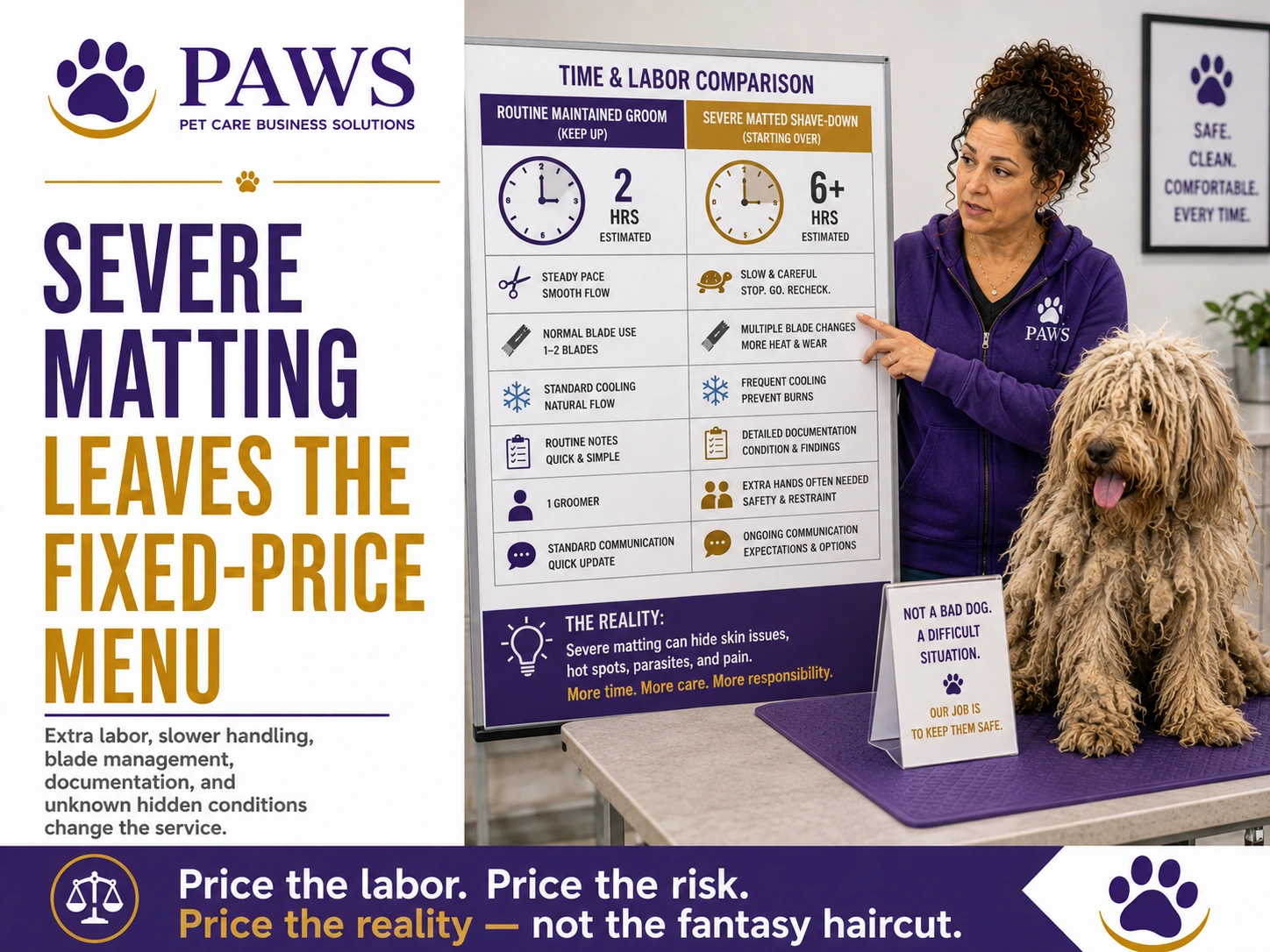 PAWS business graphic showing the PAWS Lady next to a time-and-labor comparison board explaining that severe matting requires more time, more care, more documentation, and more responsibility than a routine groom.