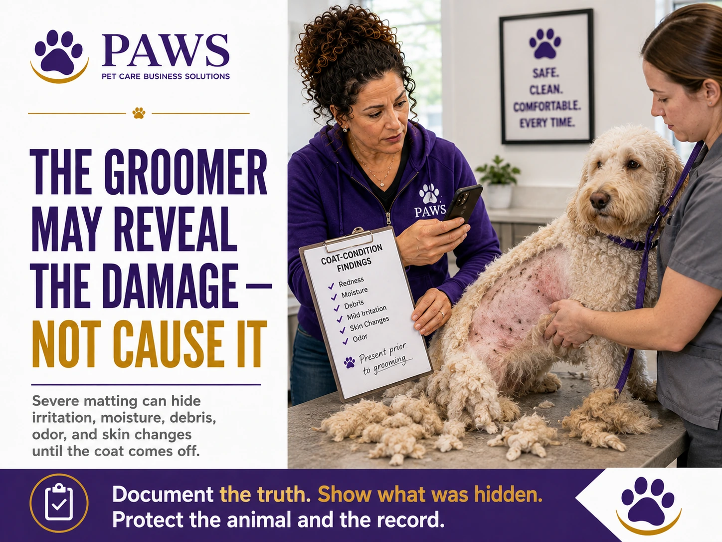PAWS business graphic showing the PAWS Lady documenting skin irritation revealed after shaving a severely matted doodle, emphasizing that grooming may uncover preexisting damage hidden beneath the coat.