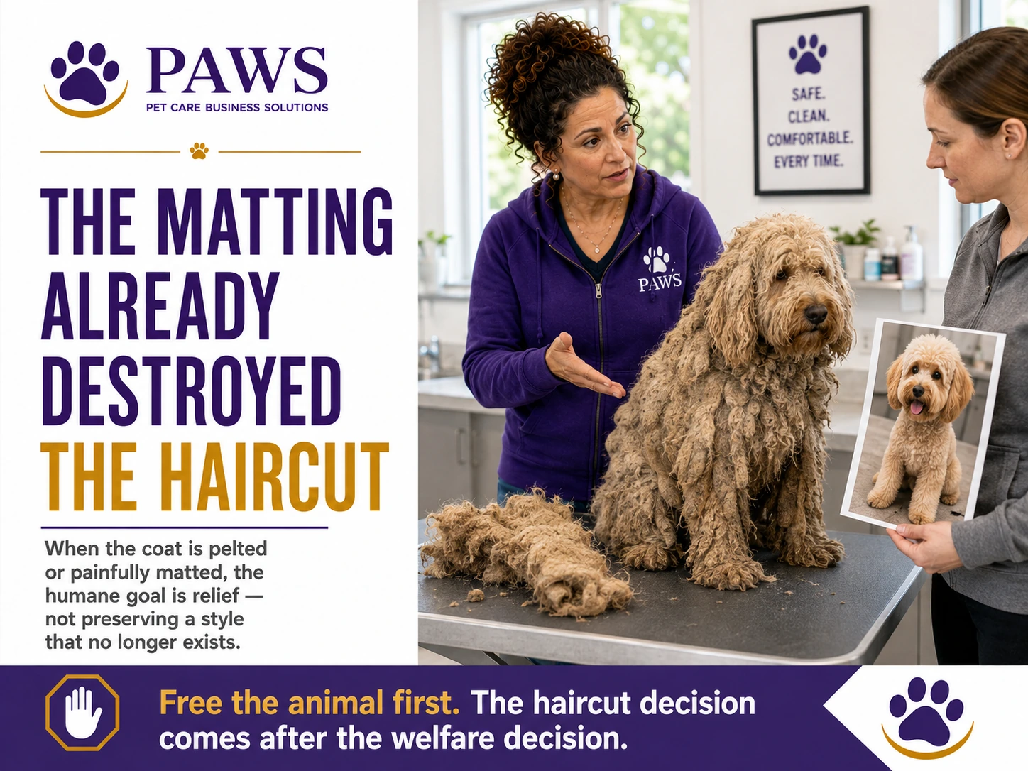 PAWS business graphic showing the PAWS Lady explaining to a pet owner that a heavily pelted coat has already ruined the intended hairstyle and that the humane goal is relief for the dog.
