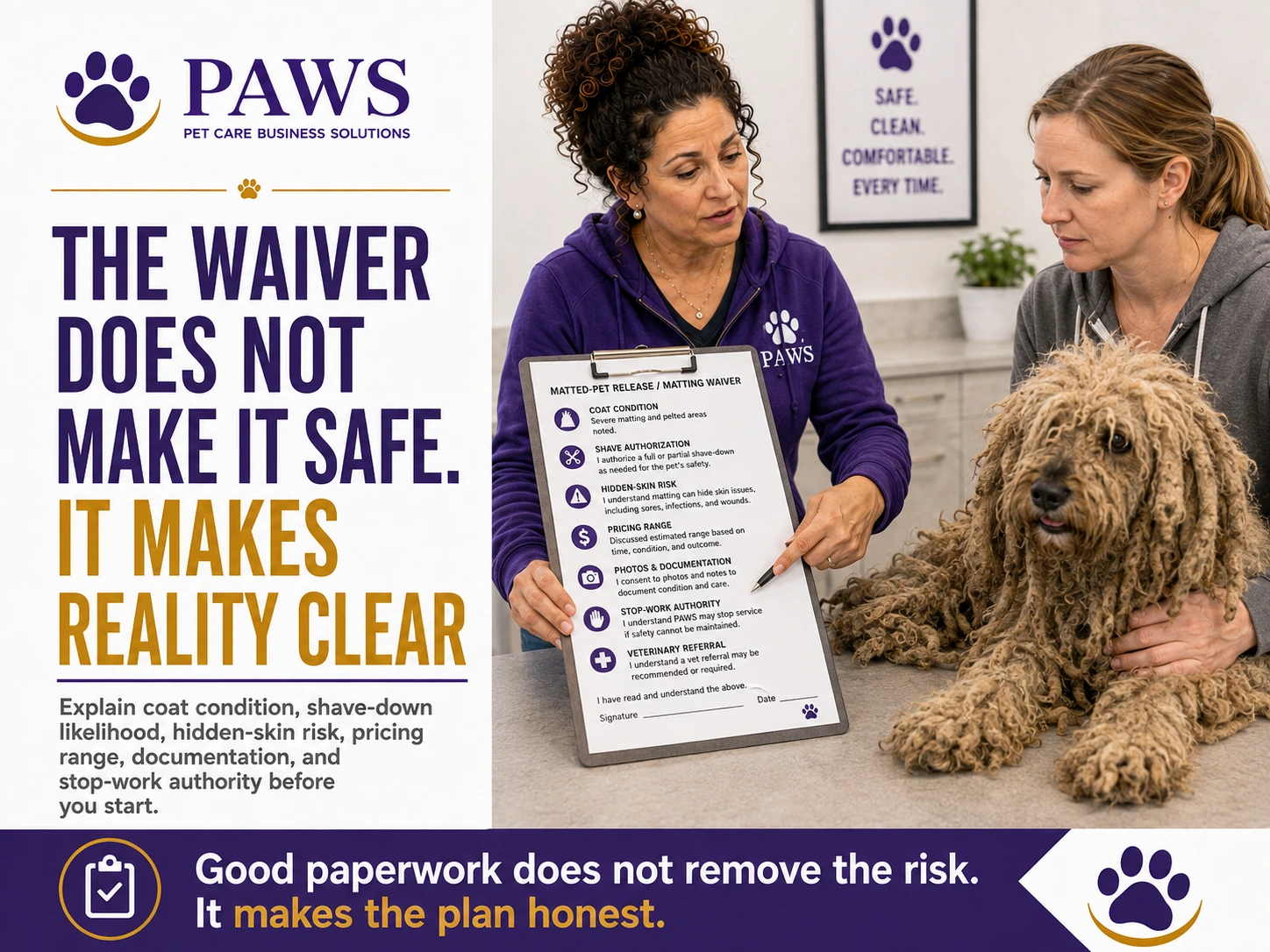 PAWS business graphic showing the PAWS Lady reviewing a matting waiver with a pet owner beside a severely matted dog, emphasizing that paperwork clarifies risk and the grooming plan but does not remove danger.