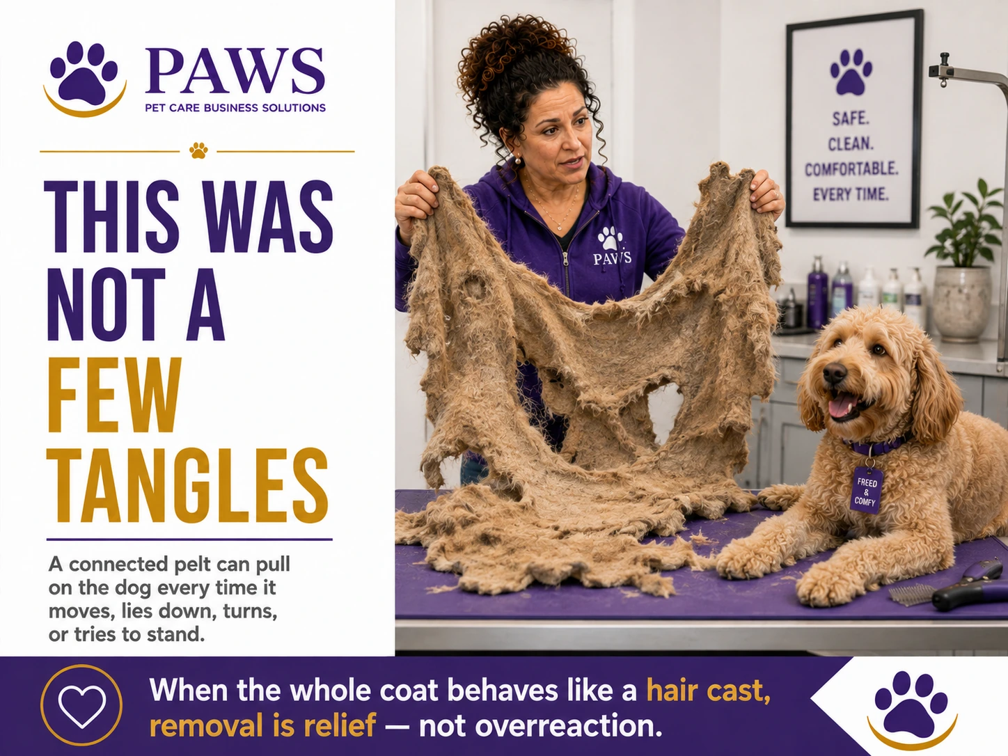 PAWS business graphic showing the PAWS Lady holding up a large connected pelt removed from a doodle, illustrating that the dog was trapped in a hair cast rather than dealing with a few minor tangles.