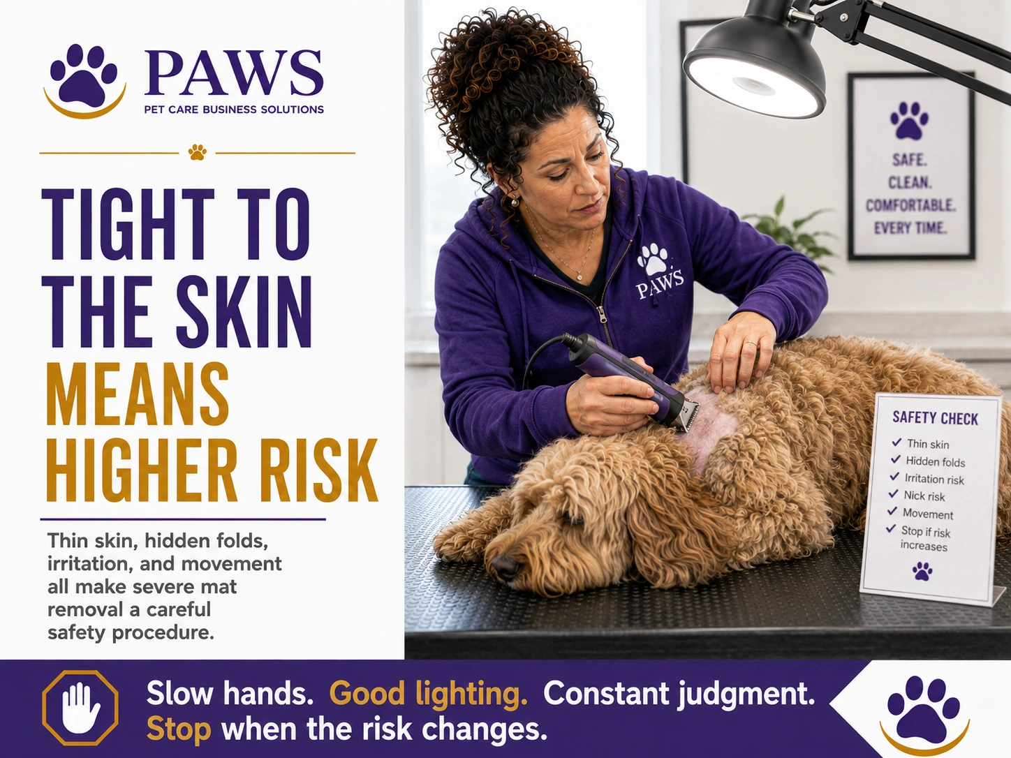 PAWS business graphic showing the PAWS Lady carefully shaving beneath tight matting on a doodle while a safety checklist highlights thin skin, hidden folds, irritation risk, nick risk, and the need to stop if risk rises.